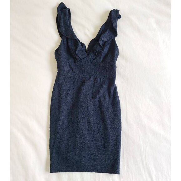 Lulu's Ruffle Neck Mini Lace Dress Women's Small Navy Blue Sleeveless Wide Strap - Picture 1 of 6